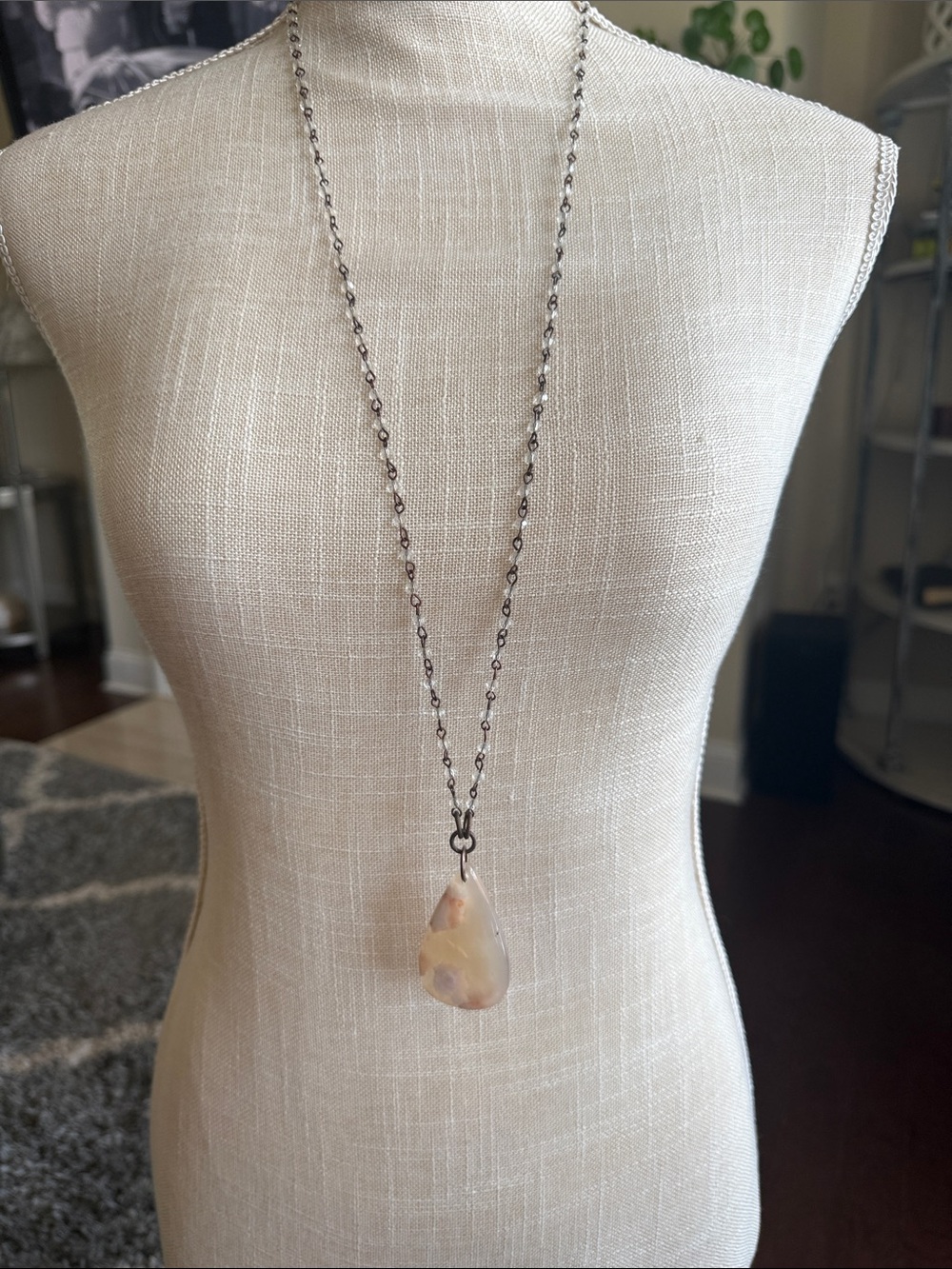 17” Drop Delicate Crystal Beaded Chain Necklace with Cream Teardrop Pendant